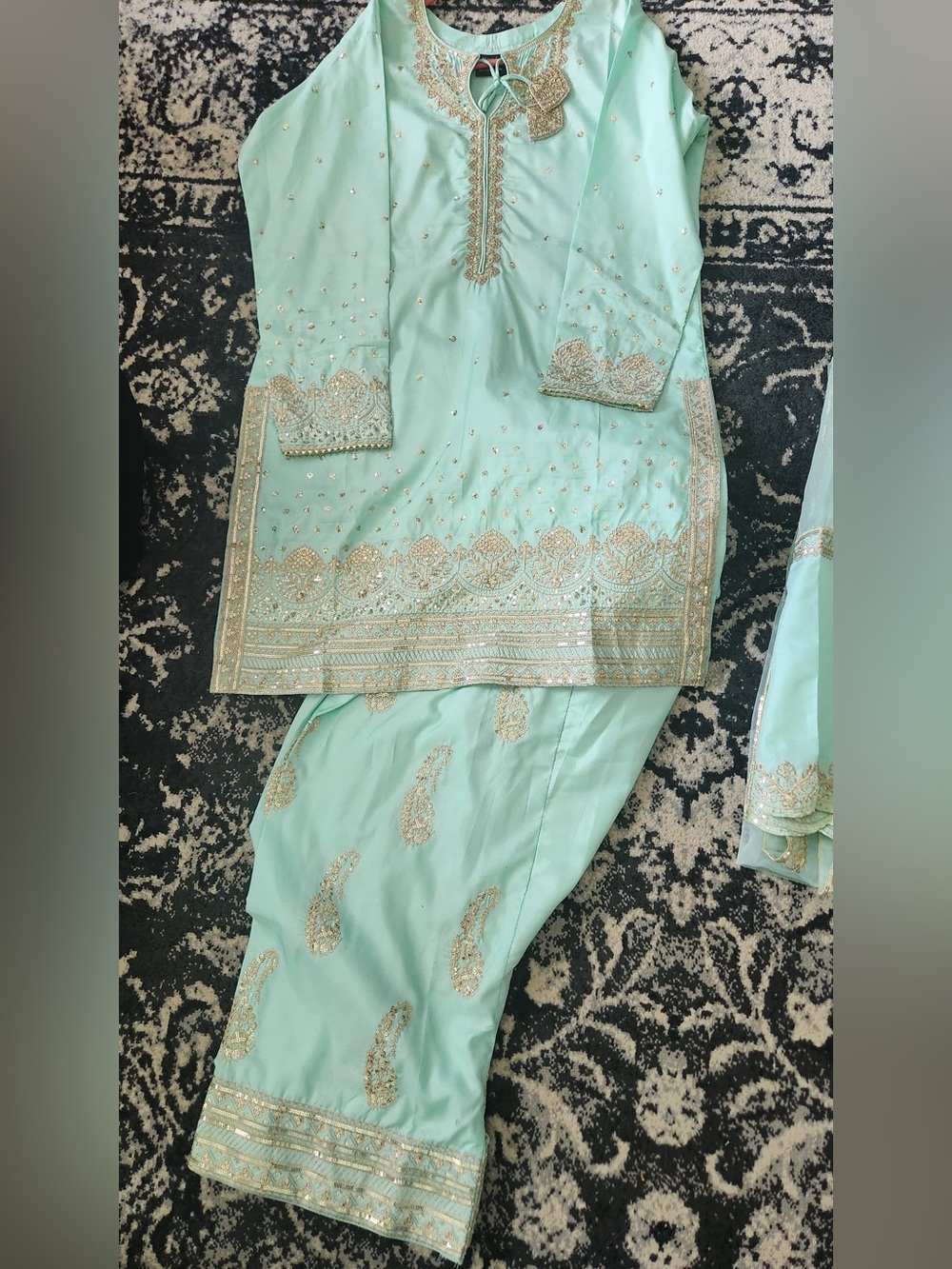 Mint Green Sequence Embroidered Farshi Shalwar Kurta Set Brand new